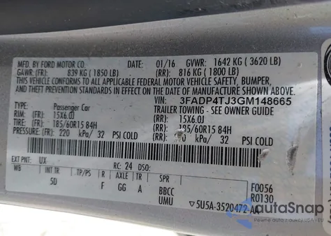 2016 Ford Fiesta S z USA, uszkodzony, nr VIN 3FADP4TJ3GM148665